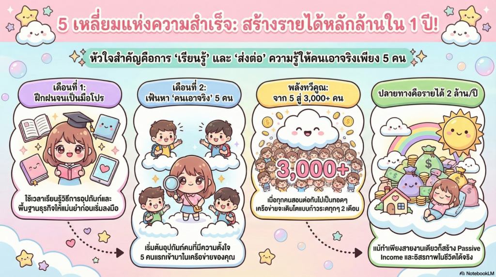 คุณเคยสงสัยไหมว่า... ทำไมบางคนทำงานงกๆ ทั้งชีวิตแต่ไม่เคยรวย? ในขณะที่บางคนใช้เวลาเพียง 1 ปี กลับสามารถสร้าง Passive Income และเป็น "เจ้าของชีวิตตัวเอง" ได้อย่างแท้จริง? วันนี้ผมจะมาถอดรหัสบทเรียนที่ชื่อว่า "5 เหลี่ยมแห่งการเติบโต" ซึ่งจะทำให้คุณเห็นว่าการทำธุรกิจเครือข่ายให้ประสบความสำเร็จนั้น "ง่าย" กว่าที่คิดเยอะครับ!